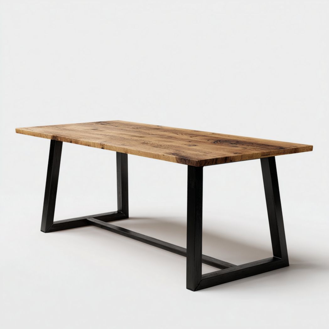 Table à manger rectangulaire en bois naturel, piètement trapézoïdal en métal noir