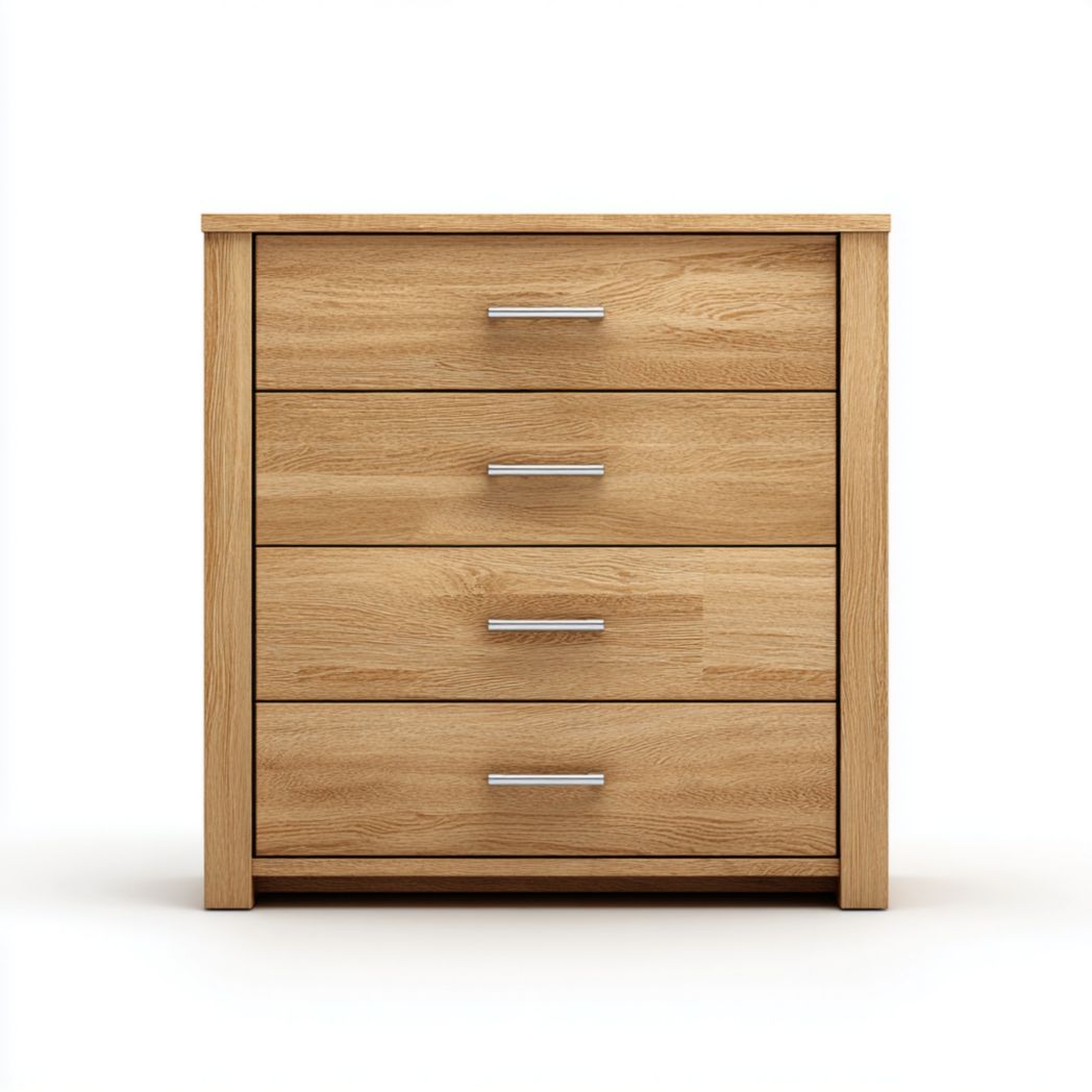Commode 4 tiroirs - Panneaux MDF couleur bois naturel, poignées métalliques argentées