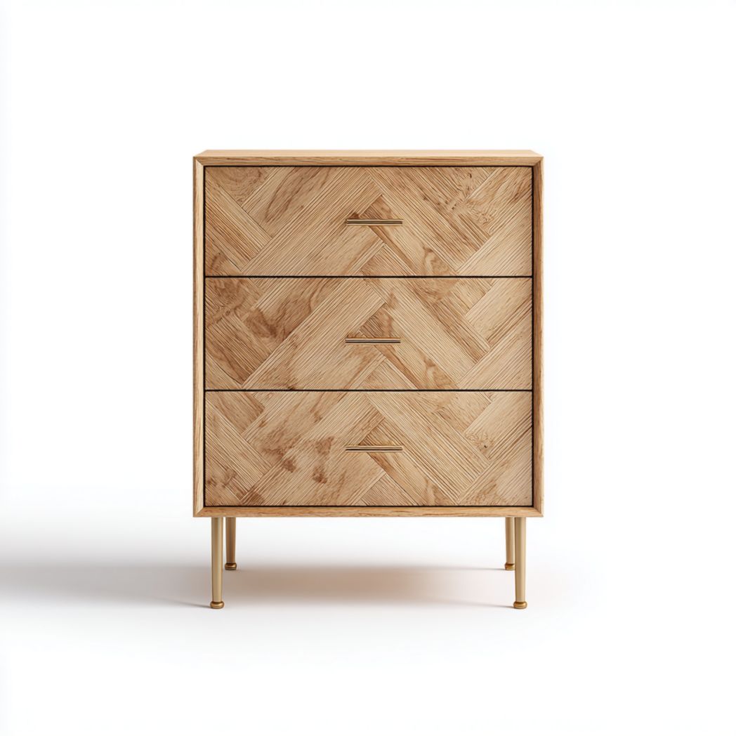 Commode 3 tiroirs - Motif chevrons en bois naturel avec pieds dorés