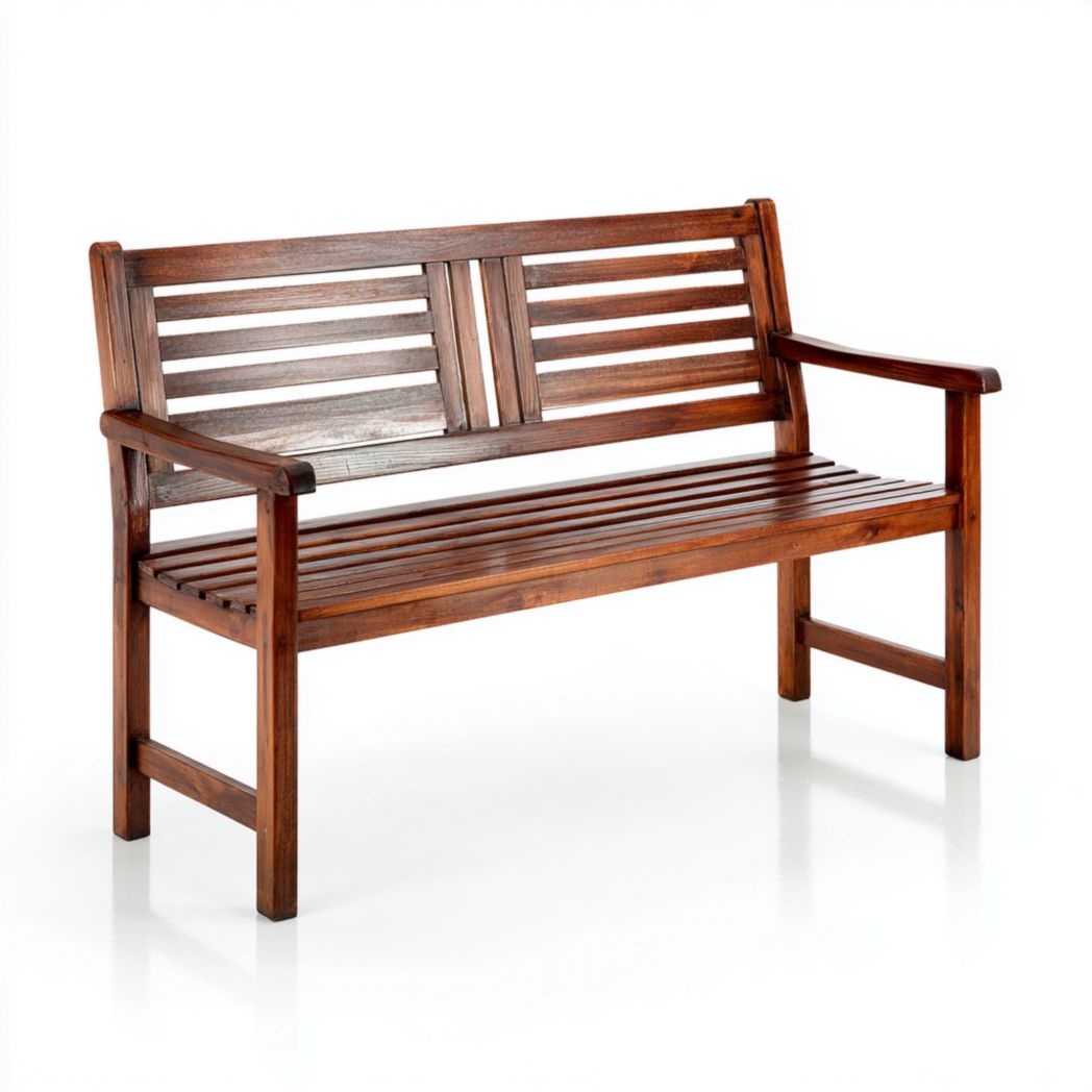 Banc de jardin en bois brun foncé à lattes avec accoudoirs