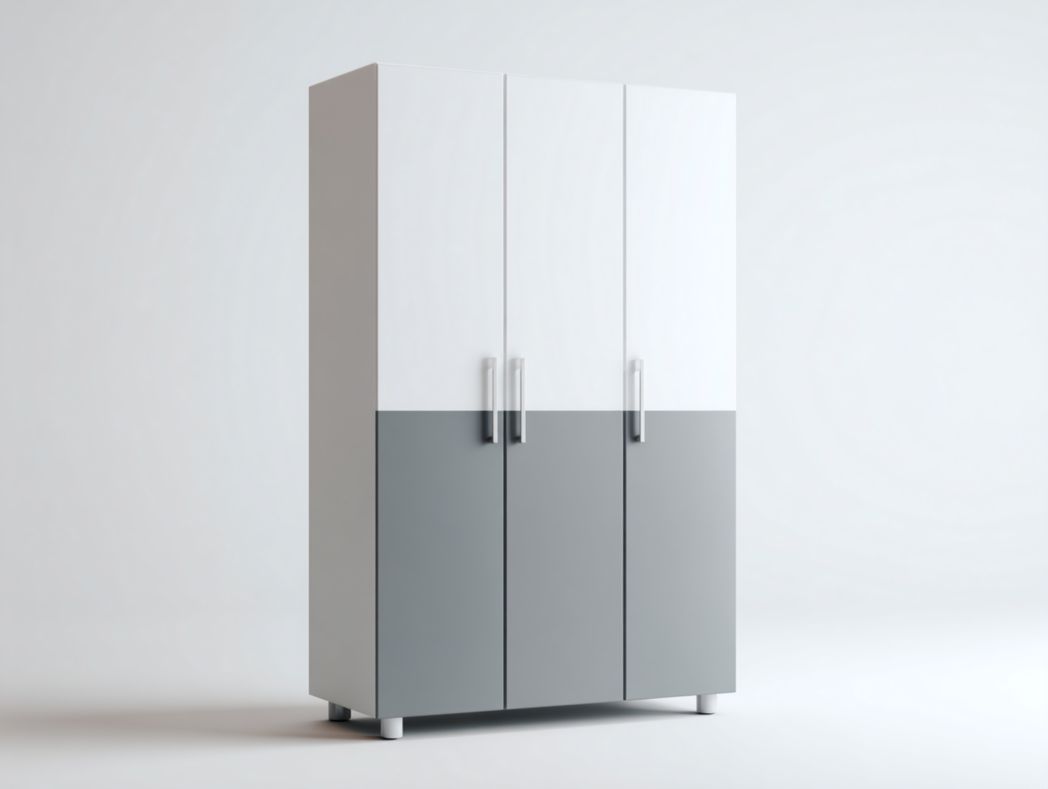 Armoire 3 portes bicolore - Panneaux MDF blancs et gris, poignées et pieds métalliques