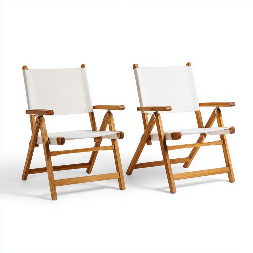 Lot de 2 chaises pliantes en bois avec assise et dossier en toile blanche