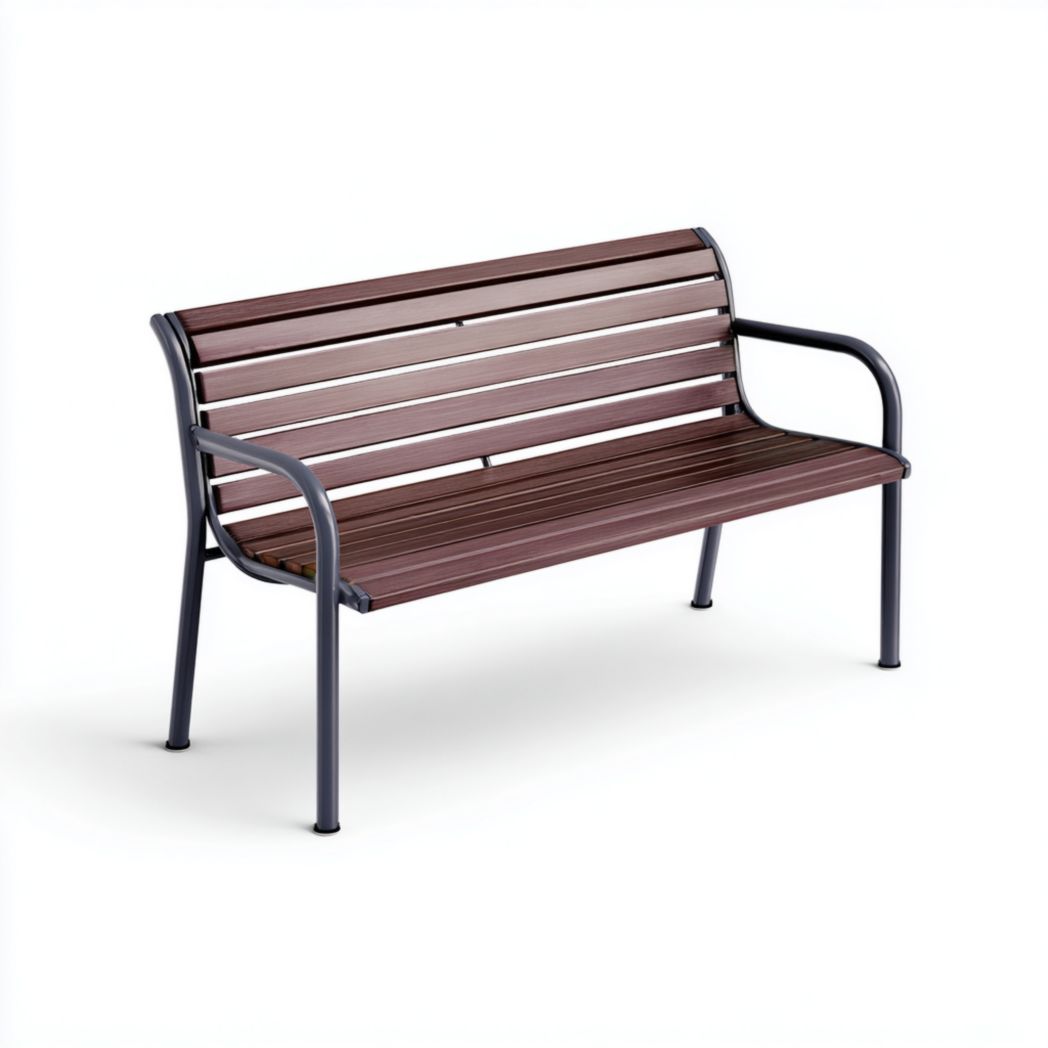 Banc de jardin en bois brun foncé et métal gris avec accoudoirs