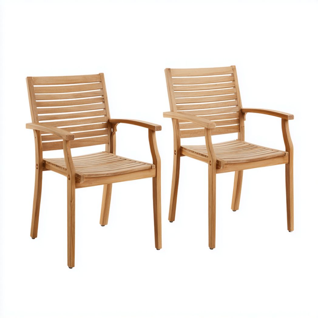 Lot de 2 chaises de jardin en bois brun clair à lattes avec accoudoirs