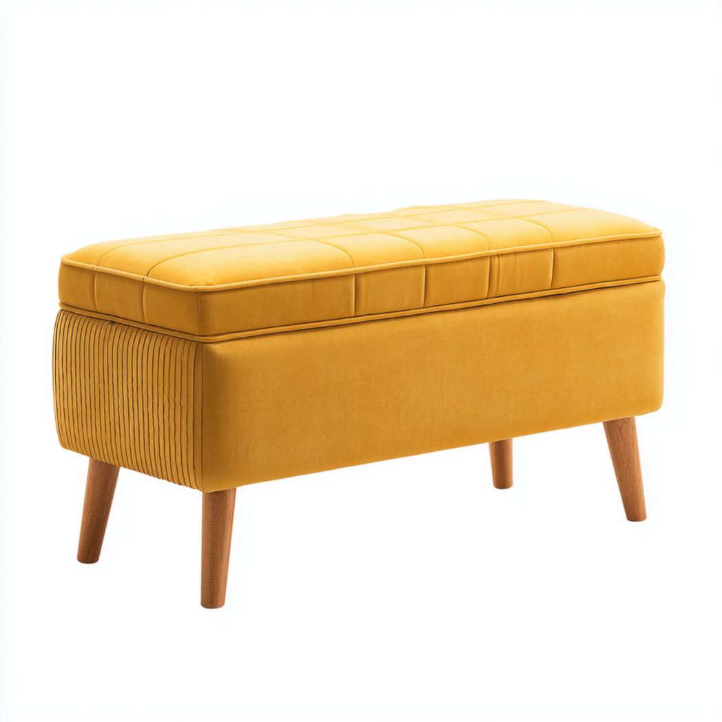 Banquette de rangement en tissu jaune, pieds coniques en bois