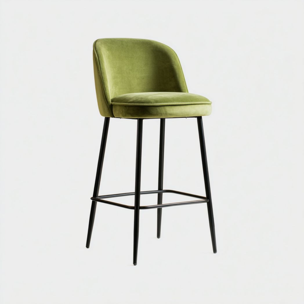 Tabouret de bar en velours vert, structure en métal noir