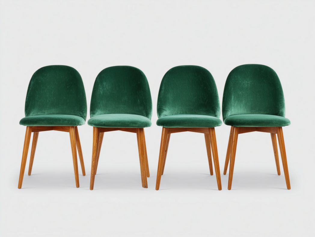 Lot de 4 chaises en velours vert, dossier arrondi pieds en bois naturel