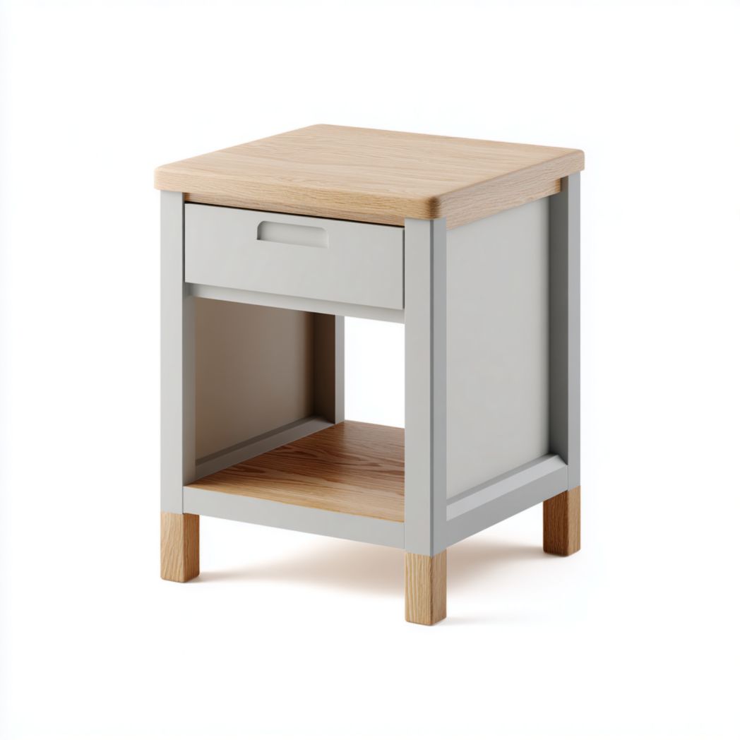 Table de chevet couleur gris clair et chêne en panneau MDF et bois massif