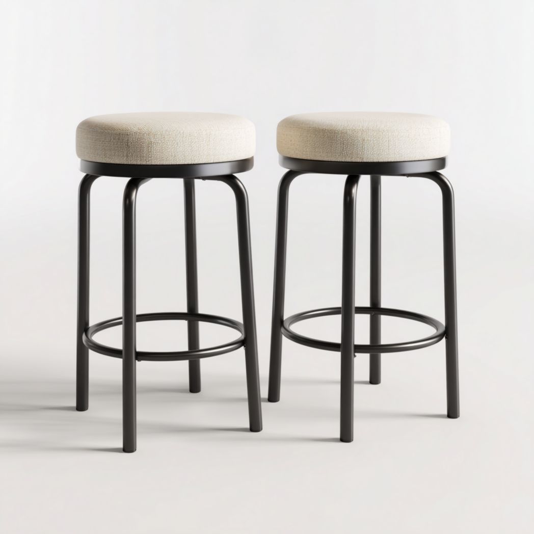 Lot de 2 tabourets de bar ronds en tissu beige, pieds métalliques noirs