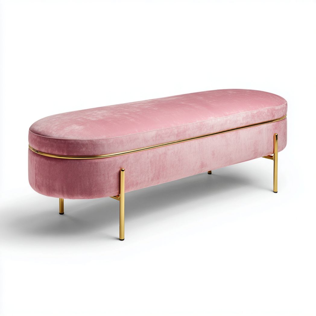Banquette ovale en velours rose, pieds dorés en métal