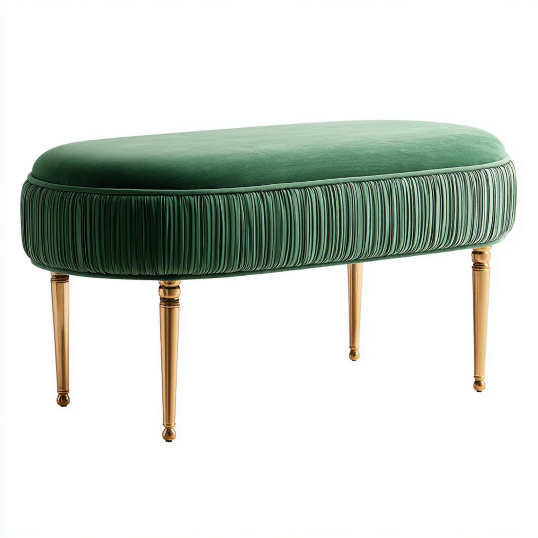 Banquette en velours vert émeraude, pieds métalliques dorés