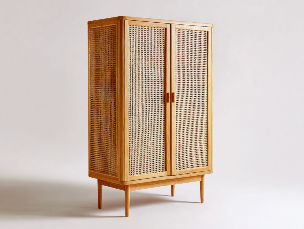 Armoire 2 portes en rotin - Structure en bois couleur naturelle, surface rotin beige