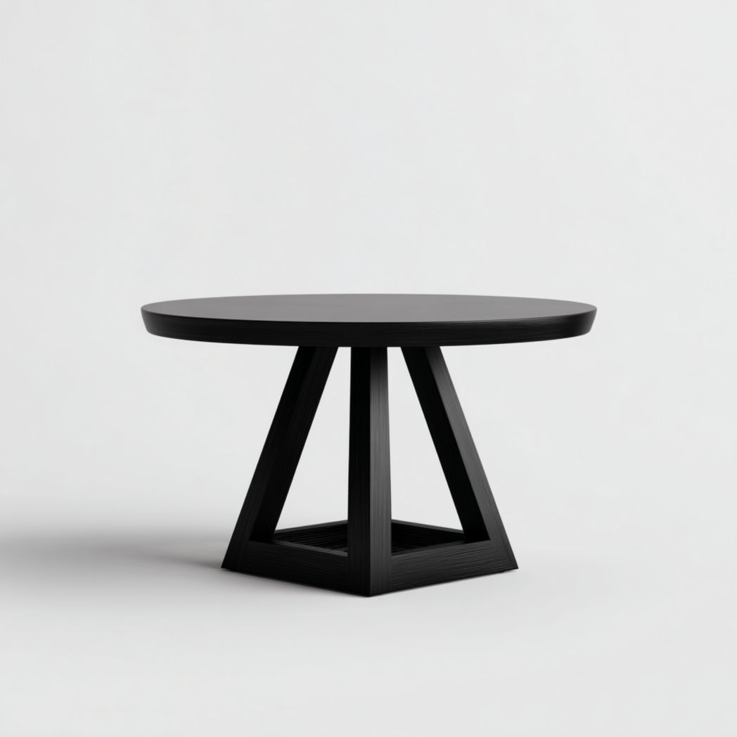 Table à manger ronde en bois massif noir, piètement pyramidal en bois