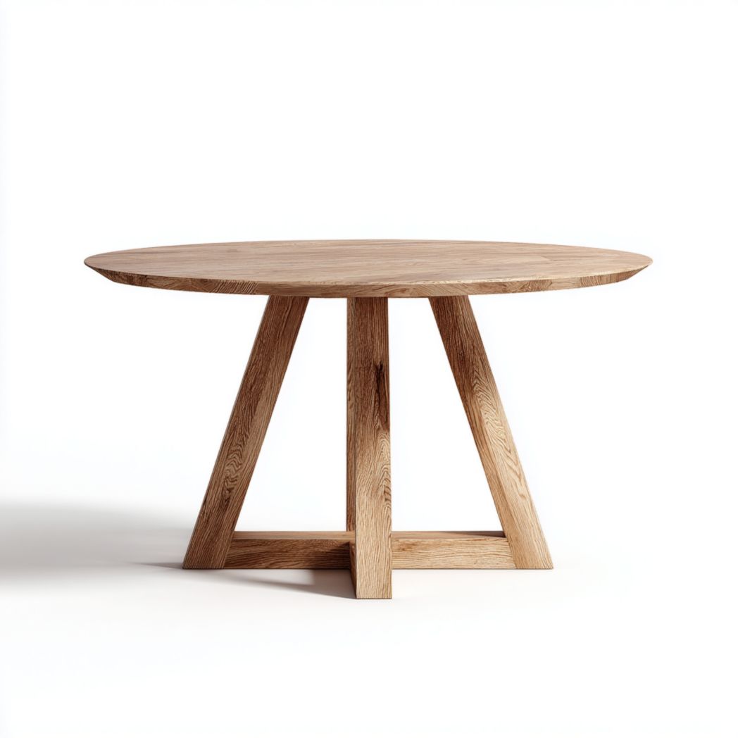 Table à manger ronde en bois massif couleur chêne, piètement en croix en bois
