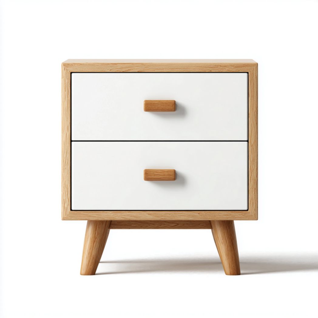 Table de chevet deux tiroirs panneau MDF et chêne clair façades blanches