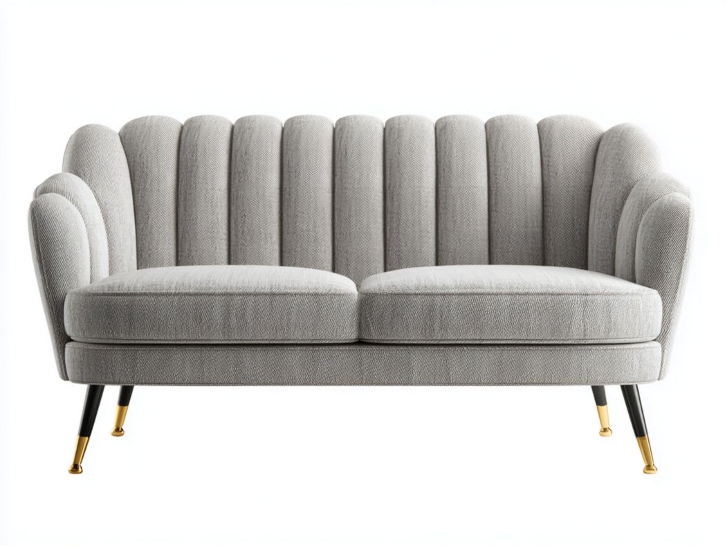 Canapé 2 places en tissu gris à dossier coquille, pieds métalliques noirs avec embouts dorés