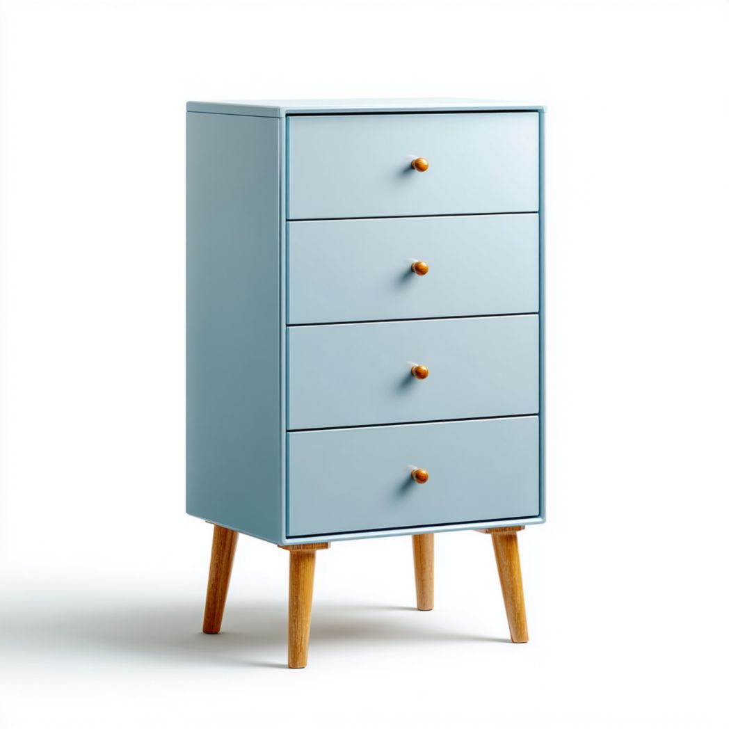 Commode 4 tiroirs bleue, poignées rondes bois, pieds ronds en bois massif