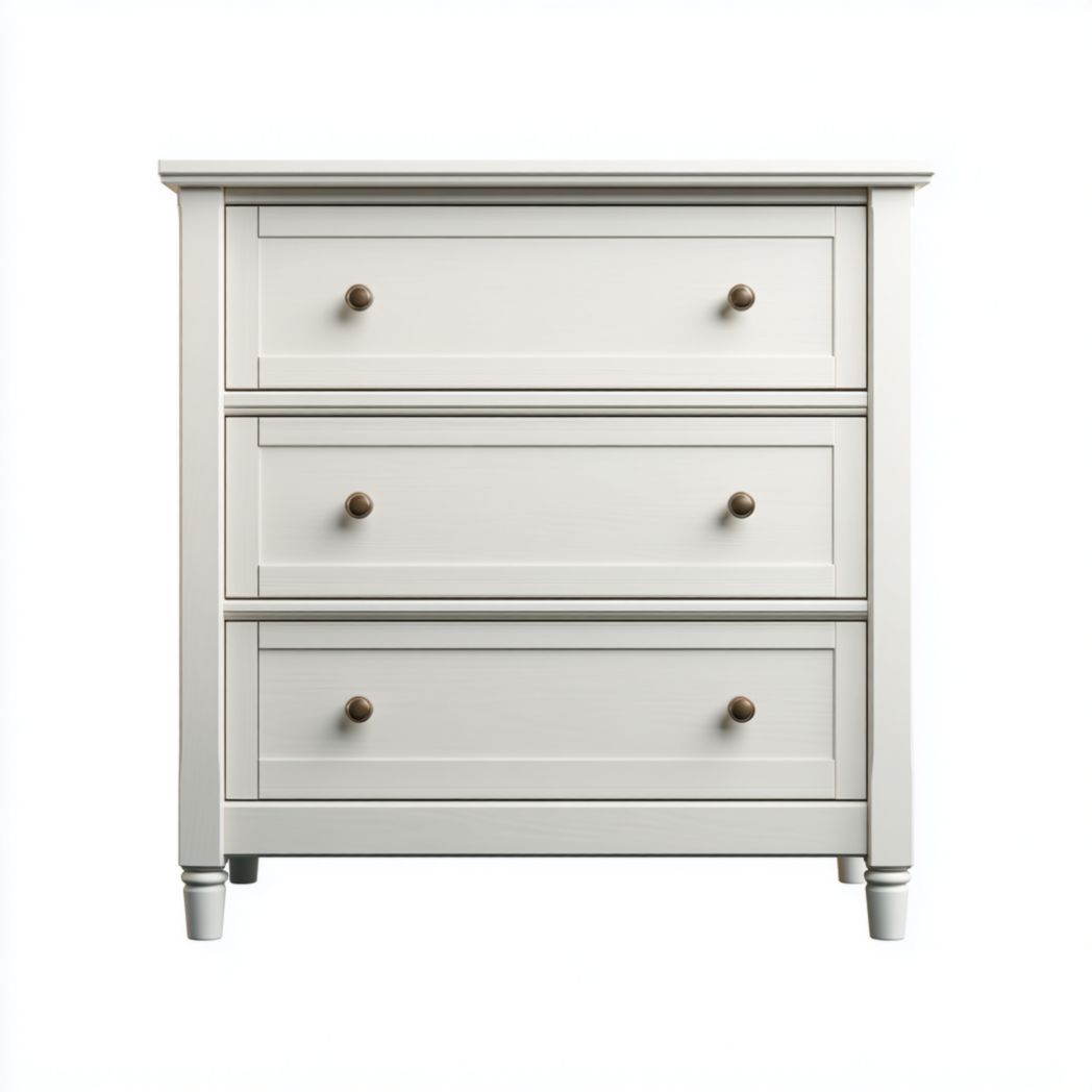 Commode 3 tiroirs - Panneaux MDF blancs, poignées métalliques couleur cuivre