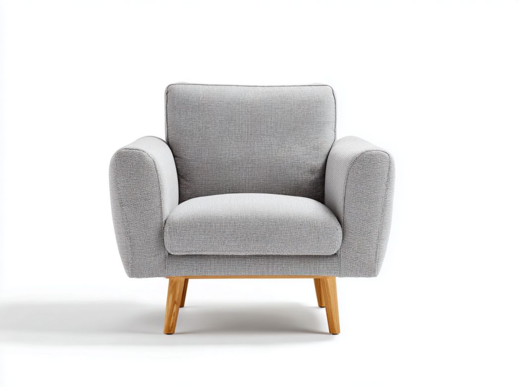 Fauteuil en tissu gris clair, pieds en bois naturel