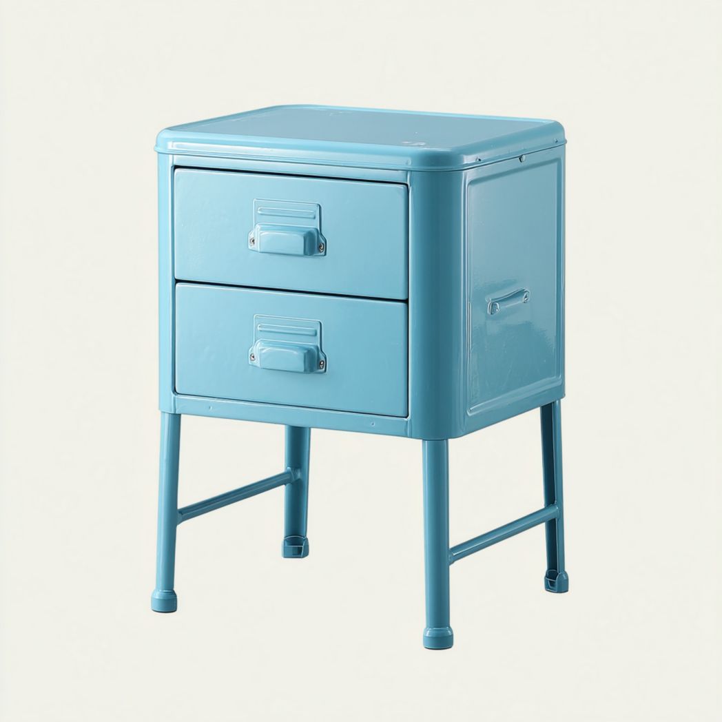 Table de chevet 2 tiroirs en métal bleu
