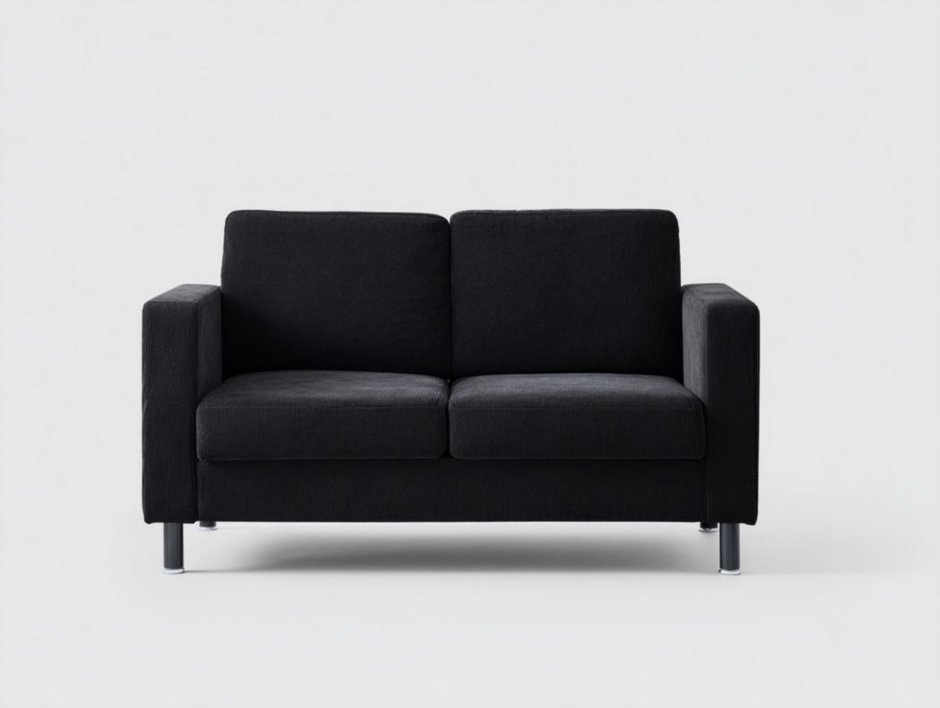 Canapé 2 places en velours côtelé noir, pieds métalliques argentés