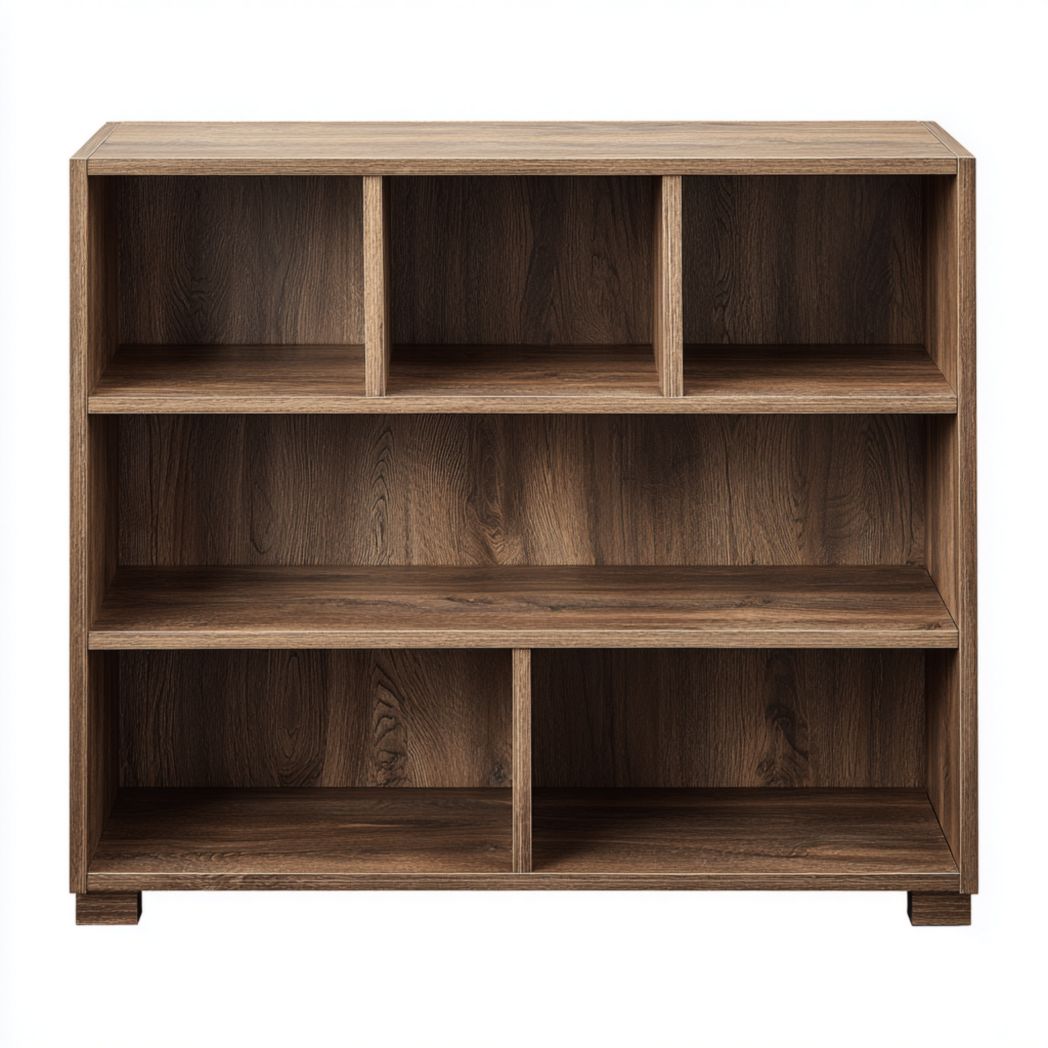 Bibliothèque à trois étagères compartimentées structure noyer foncé