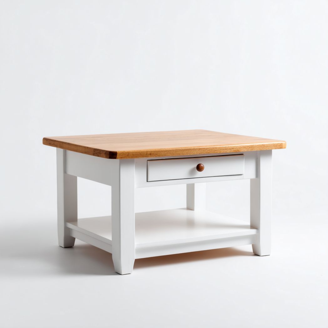 Table basse carrée - plateau couleur chêne clair, structure blanche avec tiroi