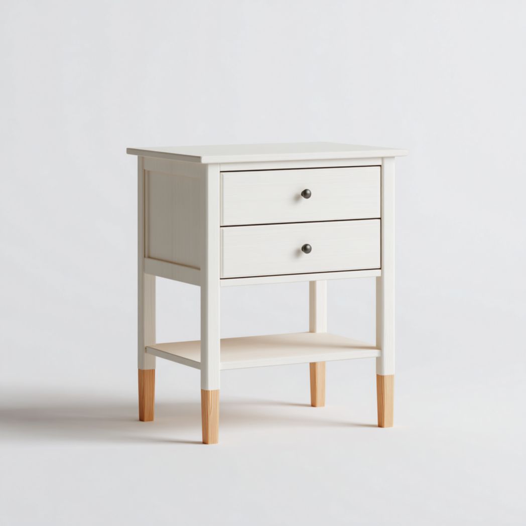 Table de chevet à deux tiroirs couleur blanc cassé avec pieds en bois naturel et étagère ouverte