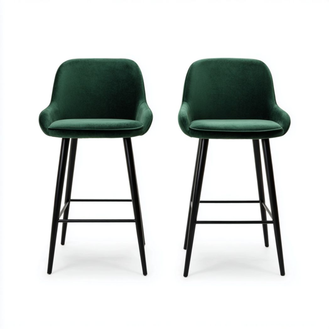 Lot de 2 tabourets de bar en velours vert émeraude, pieds métalliques noirs