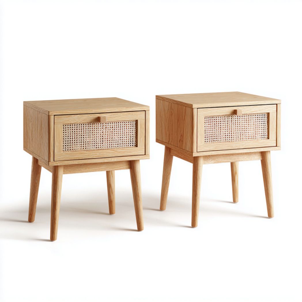Lot de 2 tables de chevet bois massif et rotin tressé couleur chêne clair