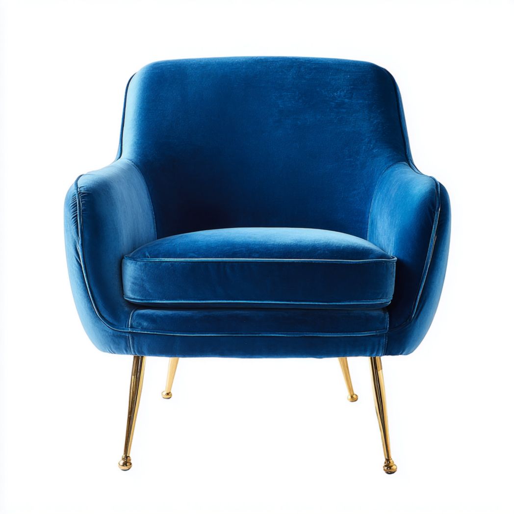 Fauteuil en velours bleu, pieds métalliques dorés