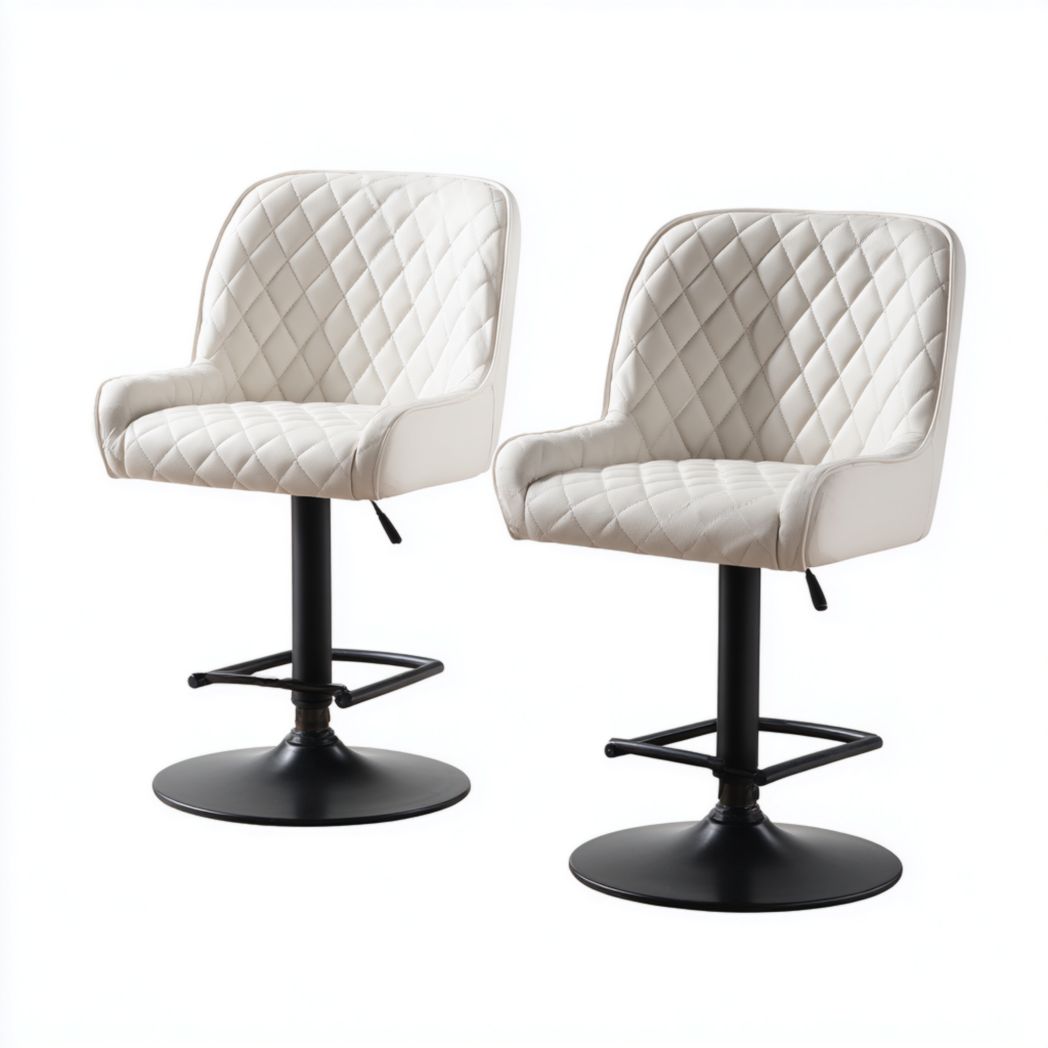 Lot de 2 tabourets de bar en similicuir blanc cassé à motif losange, base en métal noir
