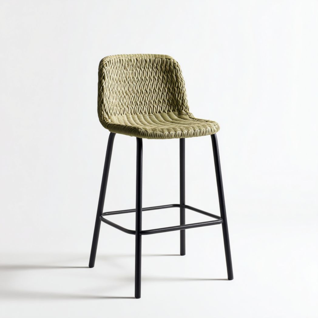 Tabouret de bar tressé vert olive, pieds métalliques noirs