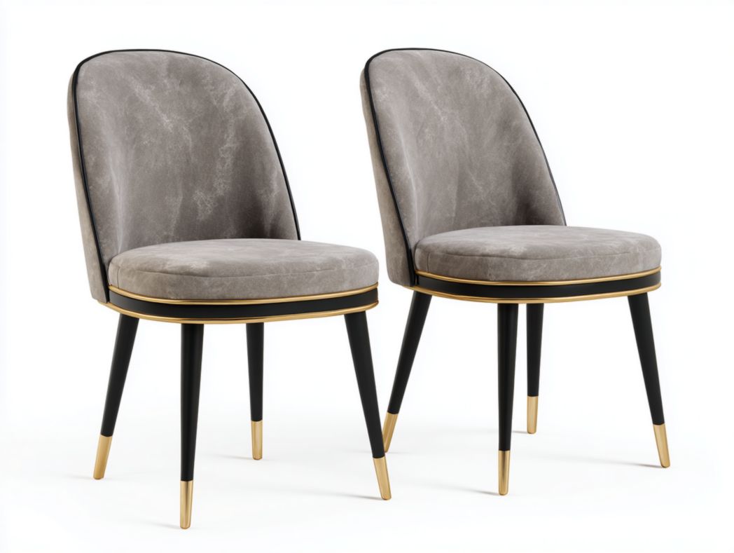 Lot de 2 chaises en velours gris, bordure dorée et pieds métalliques noirs