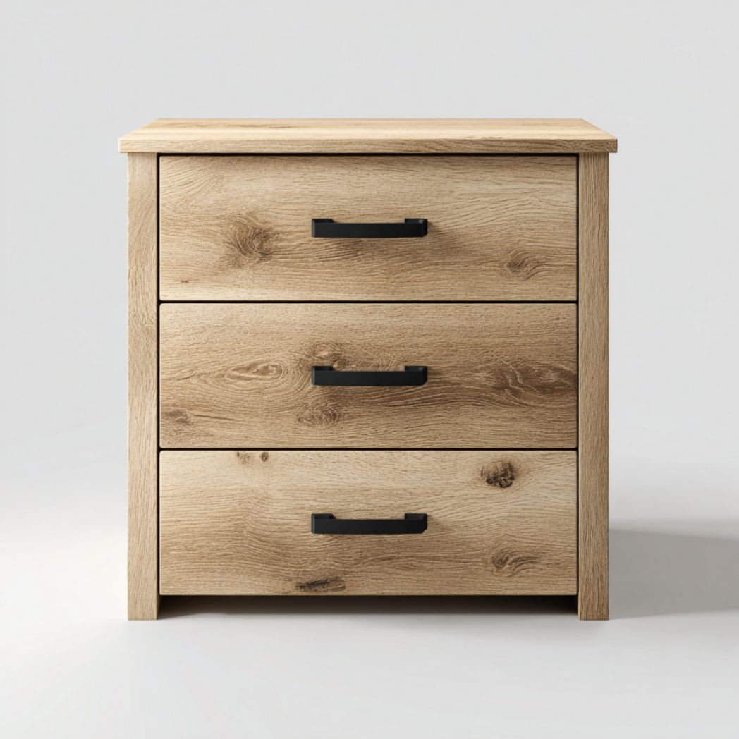 Commode 3 tiroirs chêne naturel, poignées métalliques noires
