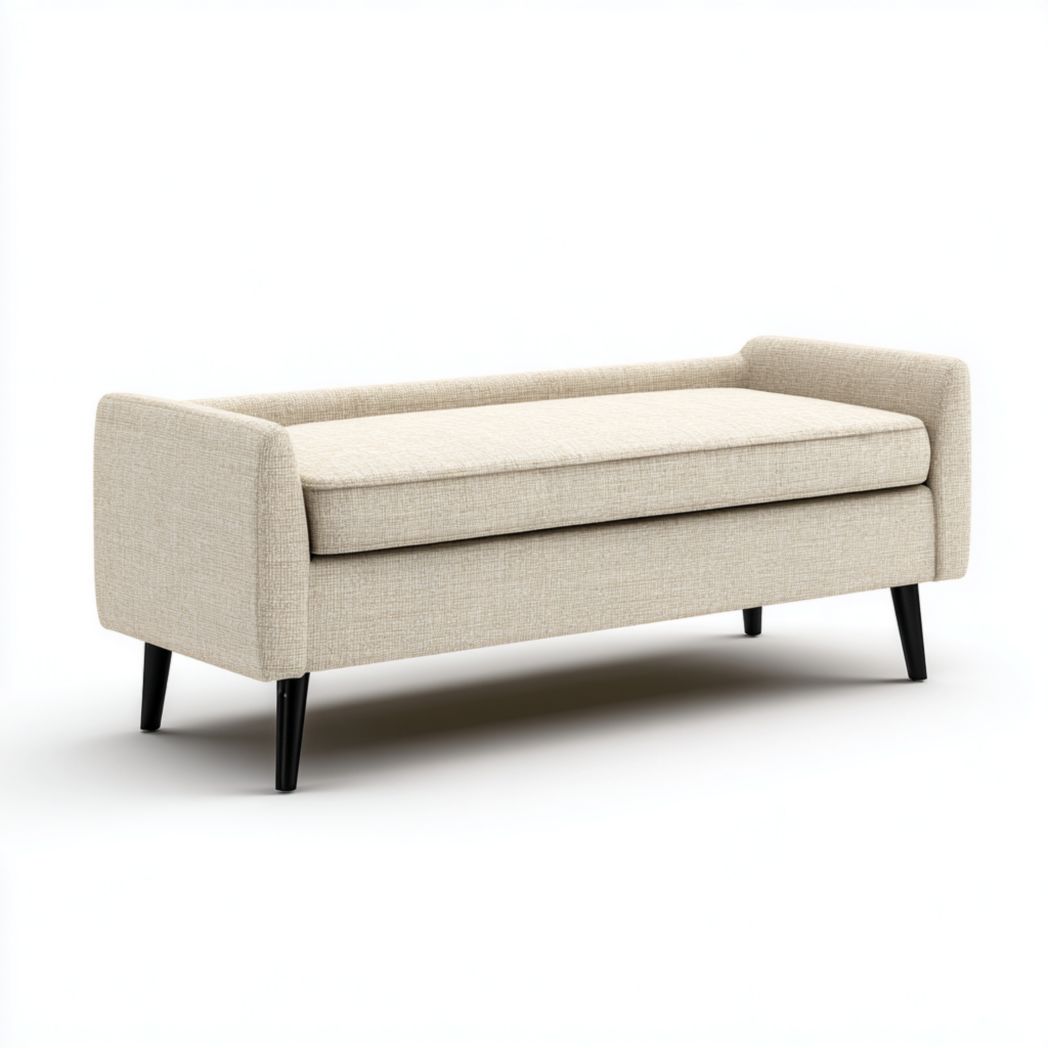 Banquette de rangement en tissu beige, pieds métalliques noirs