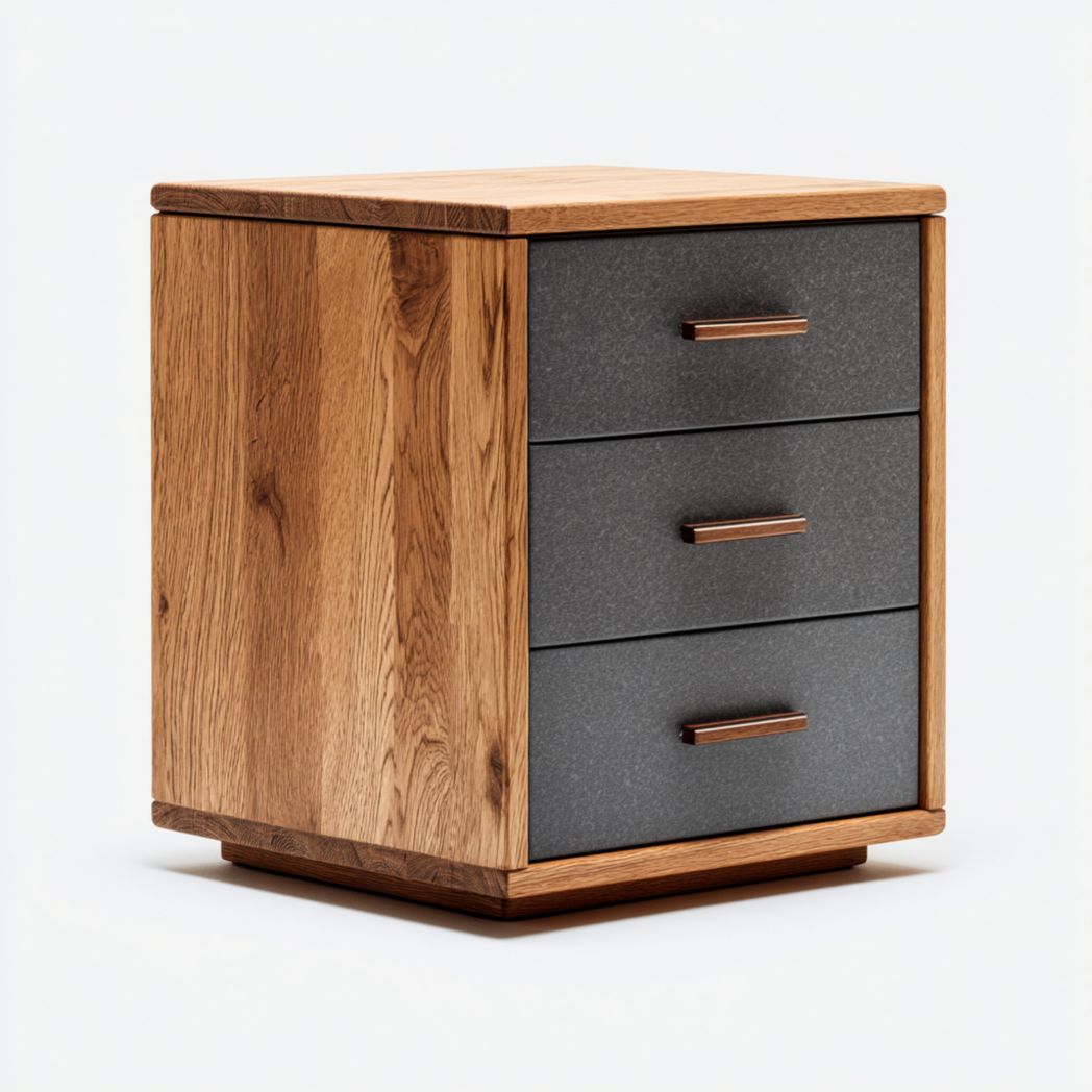 Commode 3 tiroirs - Couleur bois naturel et gris foncé, poignées métal bronze