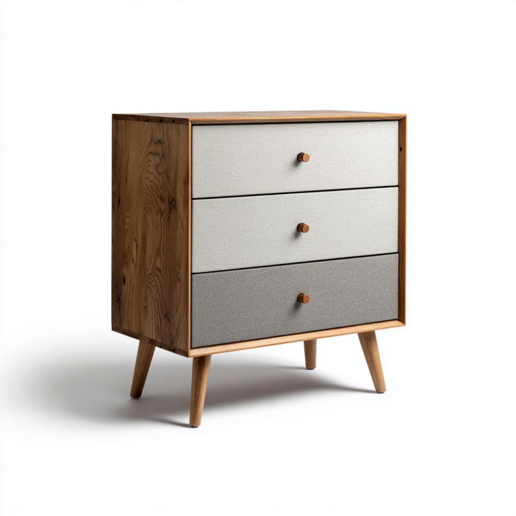 Commode 3 tiroirs dégradé gris, cadre en bois naturel et pieds en bois massif