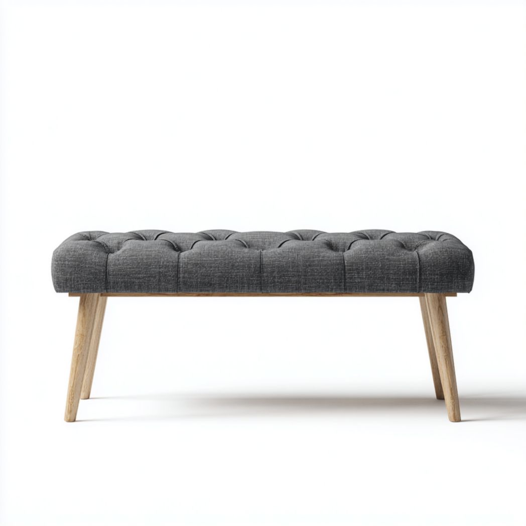 Banquette en tissu gris foncé, pieds en bois