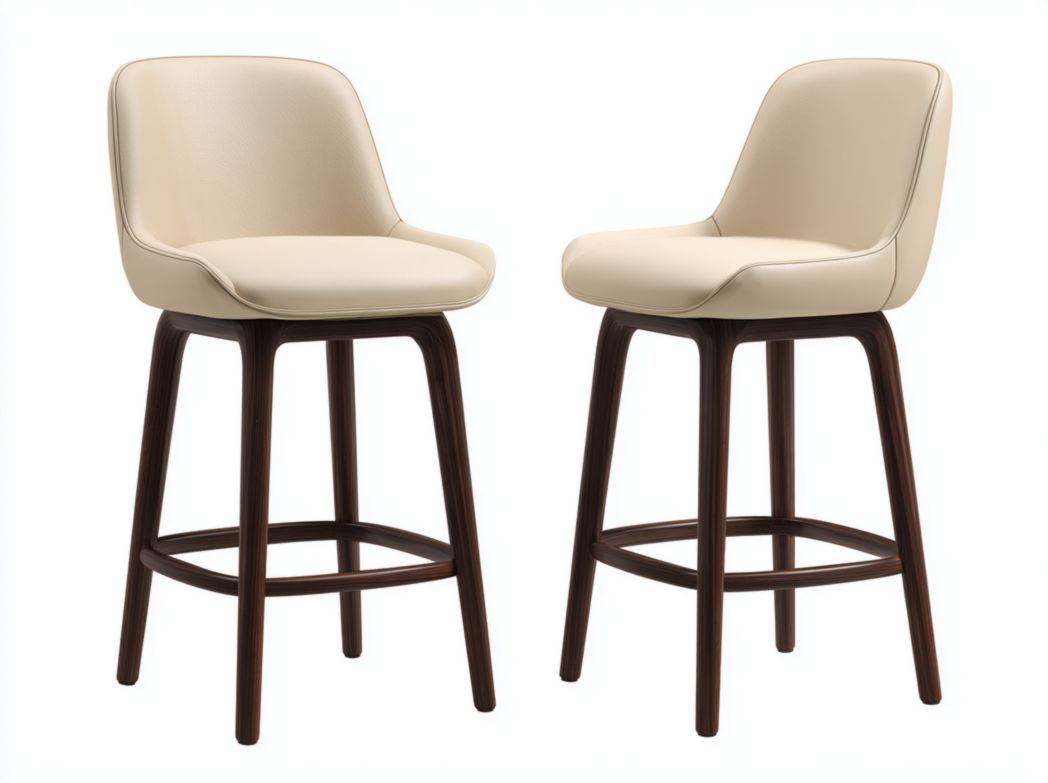 Lot de 2 tabourets de bar en simili cuir beige, pieds en bois brun foncé