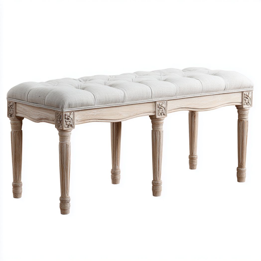 Banquette en lin beige, pieds en bois sculpté finition chêne clair