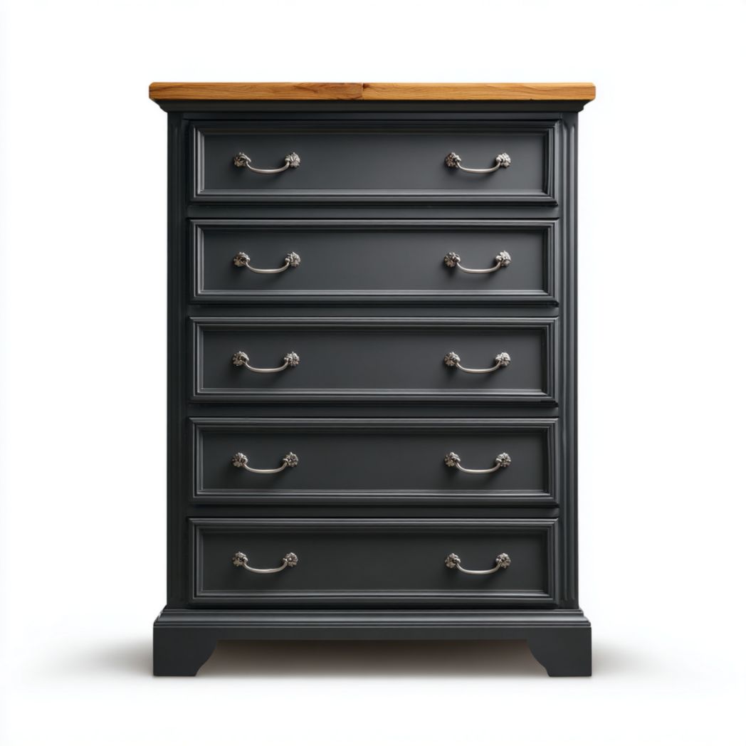 Commode 5 tiroirs gris foncé, plateau bois naturel, poignées métalliques argentées