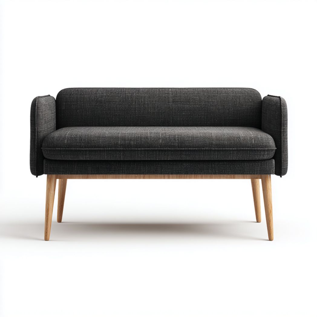 Banquette en tissu noir avec dossier, pieds coniques en bois naturel