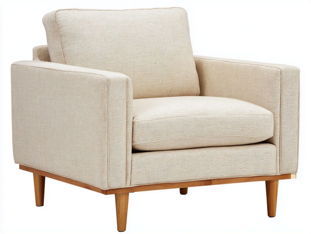 Fauteuil en tissu beige, pieds en bois naturel