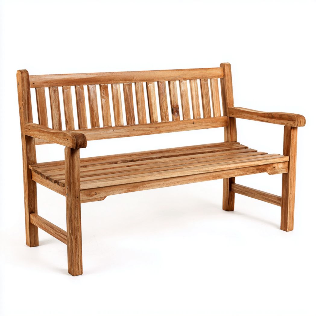 Banc de jardin en bois brun clair à lattes avec accoudoirs