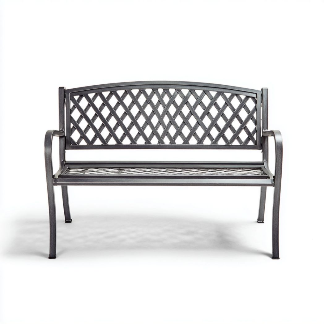 Banc de jardin en métal gris foncé à dossier motif losange avec accoudoirs