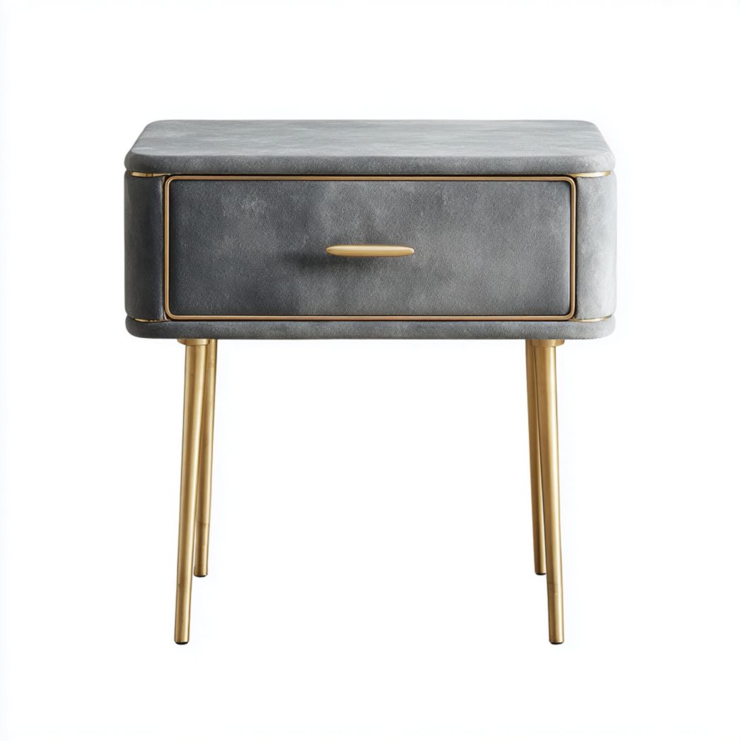 Table de chevet en velours gris avec pieds métalliques dorés