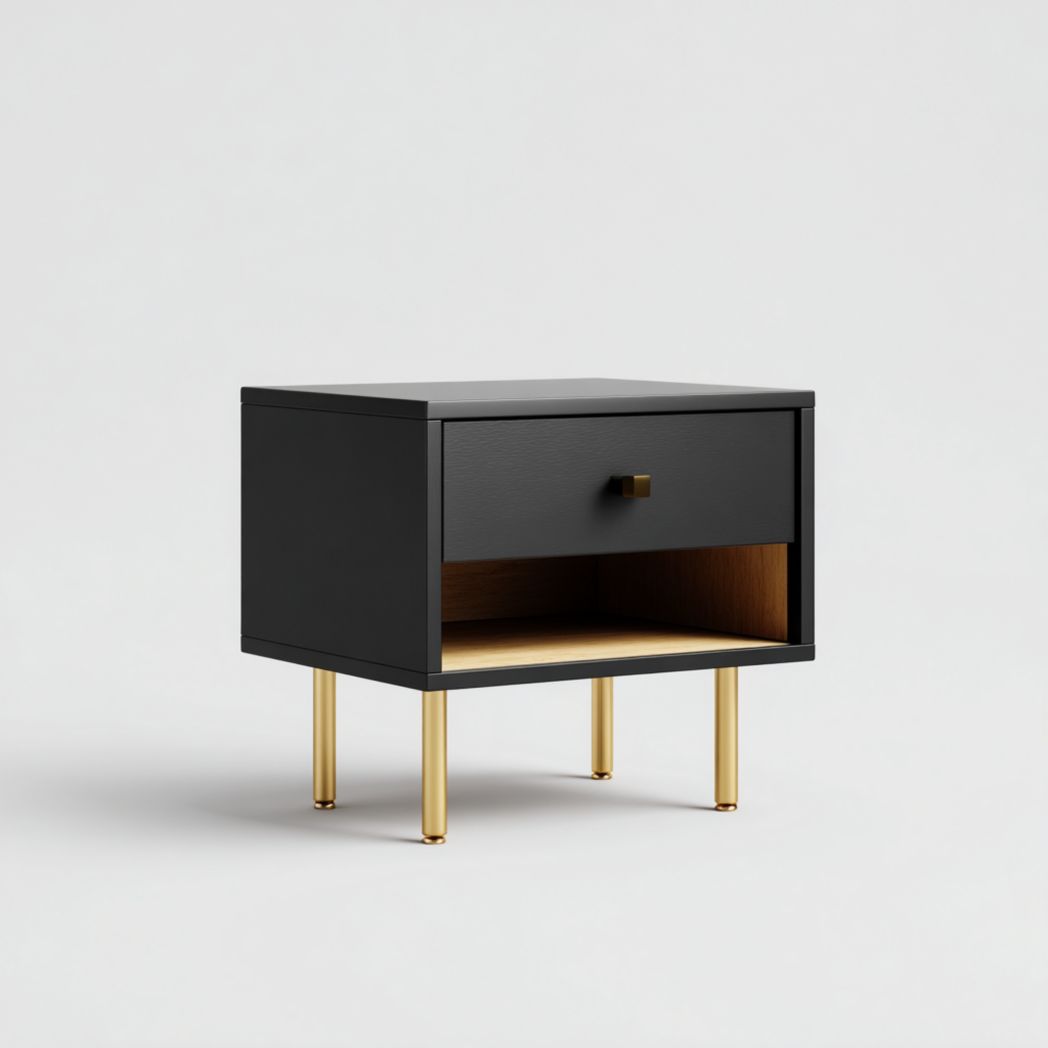 Table de chevet noire à un tiroir ouverte en panneau MDF et pieds métalliques dorés