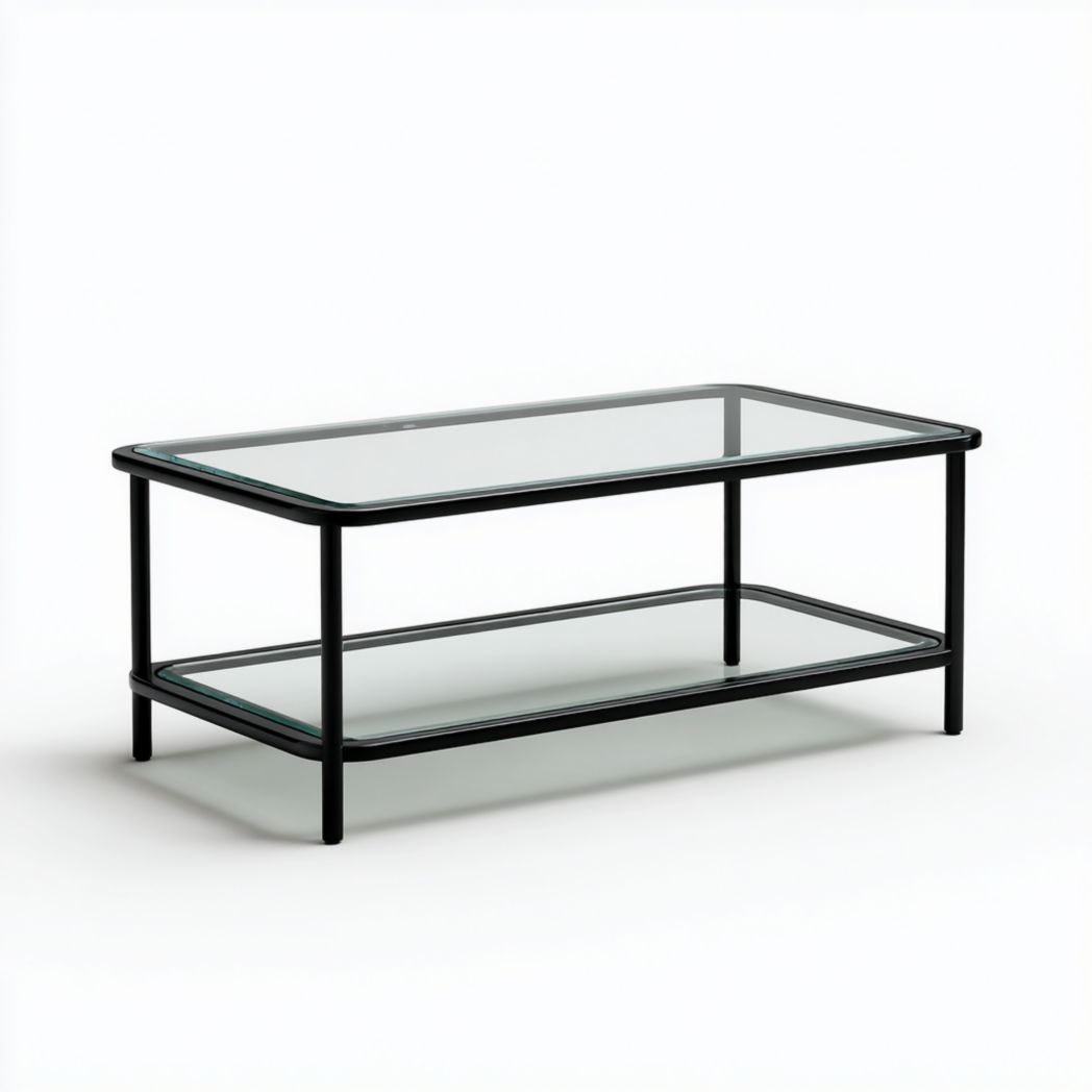 Table basse rectangulaire à deux plateaux en verre trempé cadre métallique noir