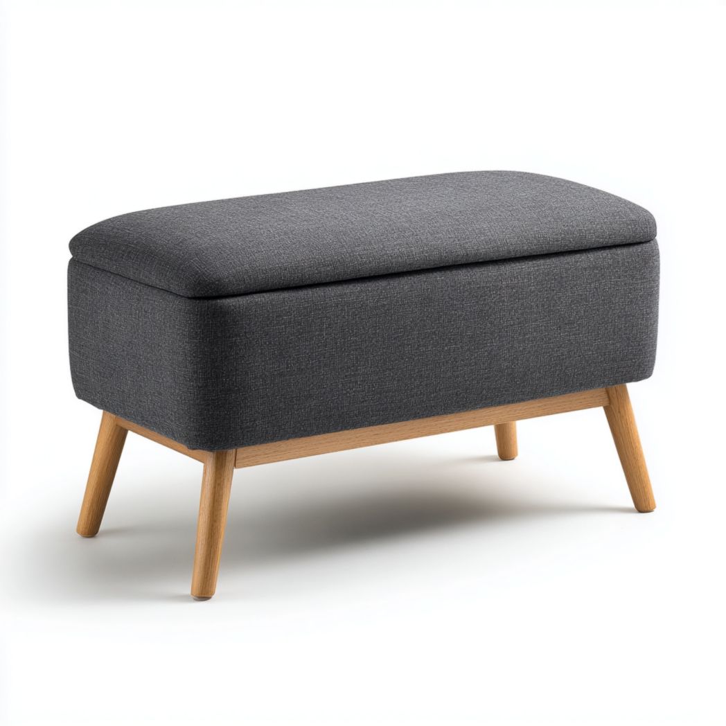 Banquette de rangement en tissu gris foncé, pieds inclinés en bois naturel